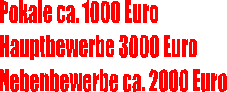 Pokale ca. 1000 Euro
Hauptbewerbe 3000 Euro
Nebenbewerbe ca. 2000 Euro